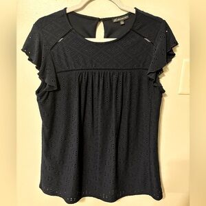 Adrianna Papell Navy Cap Ruffle Sleeve Stretch Eyelet Top